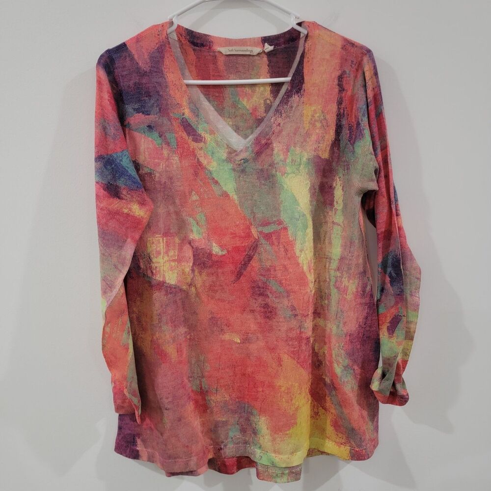 Soft Surroundings Womens Sweater Size Medium Plein De‎ Couleurs Colorful Art